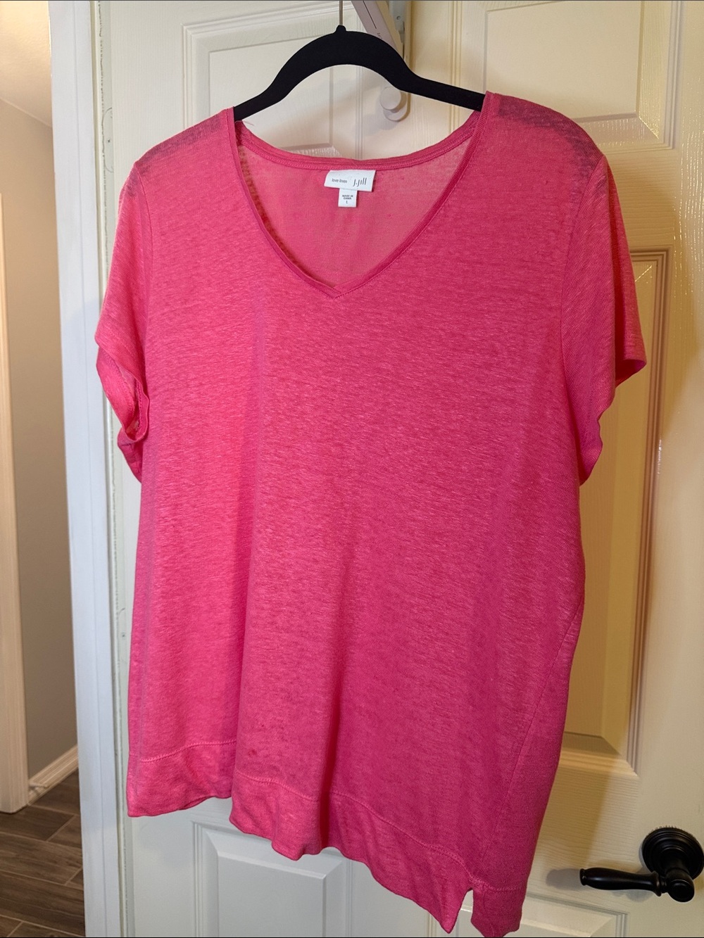 J. Jill Bright Pink V-Neck Short Sleeve Linen Tee